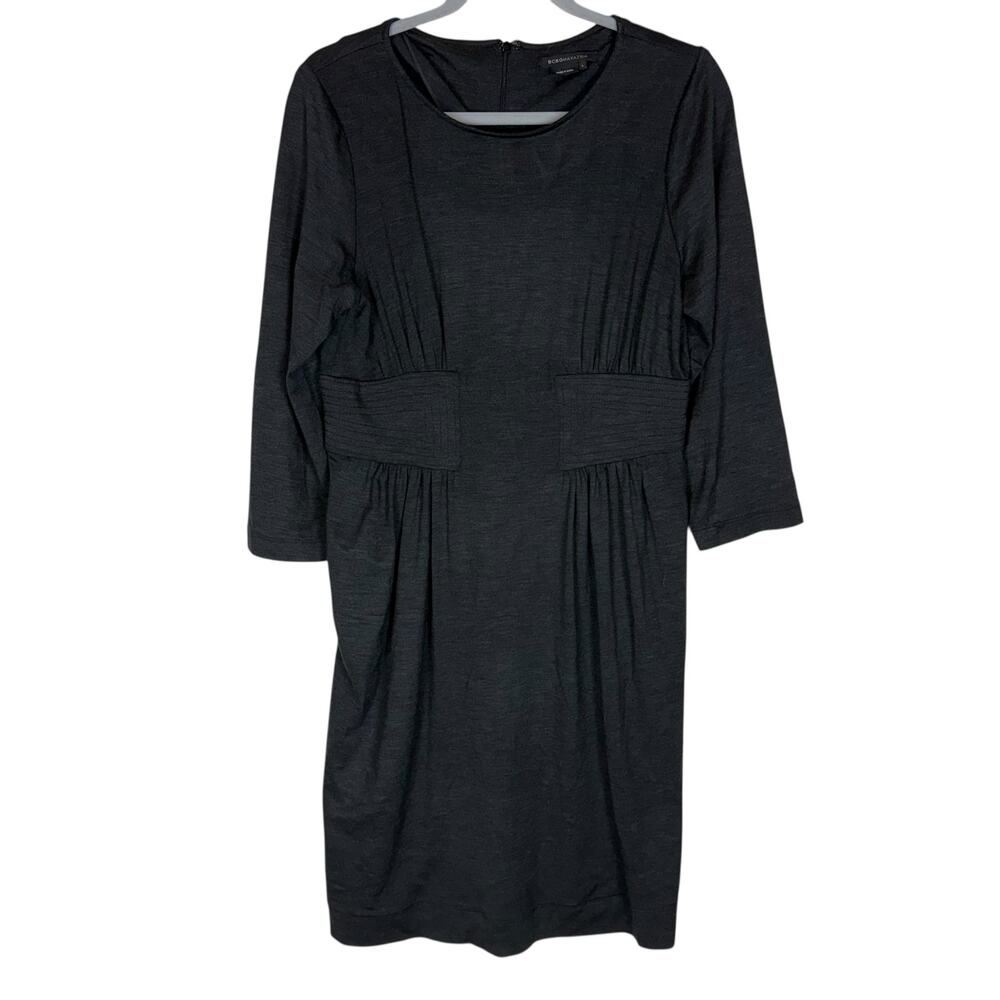 BCBGMaxAzria Midi Dress Women's Large Black Wool Stretch‎ Back Zip Ruched Waist